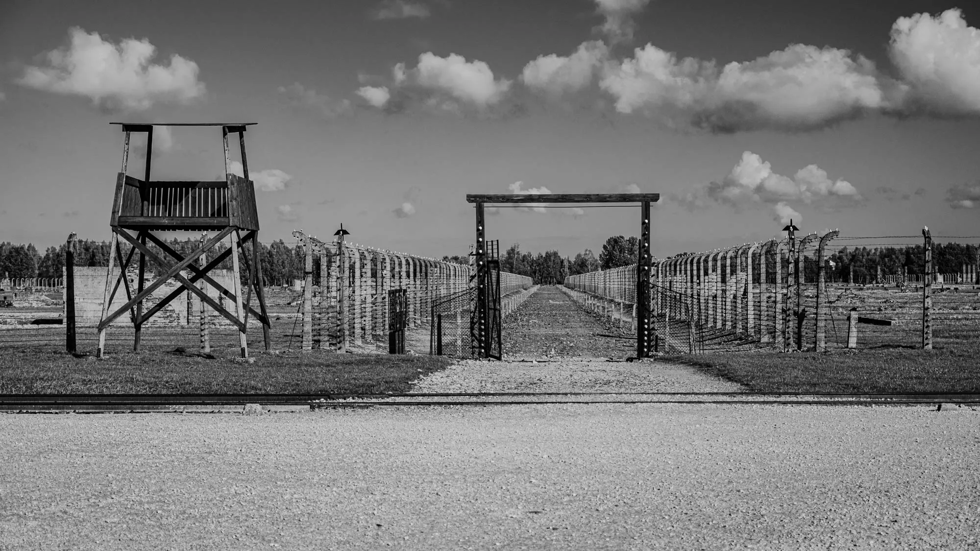 The image is a black and white photograph of a concentration camp. In the foreground, there is a gravel path leading up to a large wooden gate. The gate is made of thick wooden beams and is flanked by two tall, wooden watchtowers. The watchtowers are connected by a barbed wire fence, which runs the length of the path. The fence is topped with a series of barbed wire strands, which are designed to prevent people from escaping. The path leads into a vast, open area, which is covered in grass. The grass is overgrown in places and there are a few trees in the background. The sky is overcast with clouds. The image is a powerful reminder of the horrors of the Holocaust.