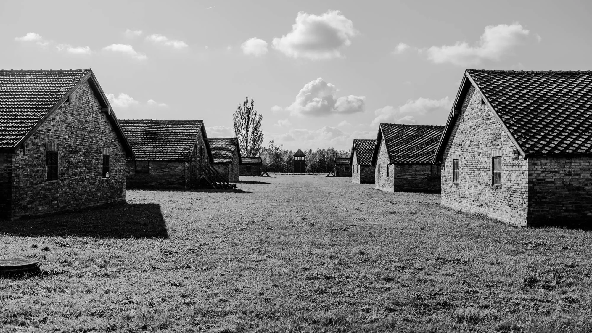 The image is a black and white photo of a row of brick buildings. The buildings are single-story and have tiled roofs. The buildings are arranged in a line, facing the viewer. The buildings are set against a background of short grass and trees. There is a tall, square building in the center of the image. The sky is cloudy. The image likely depicts an old, abandoned site.