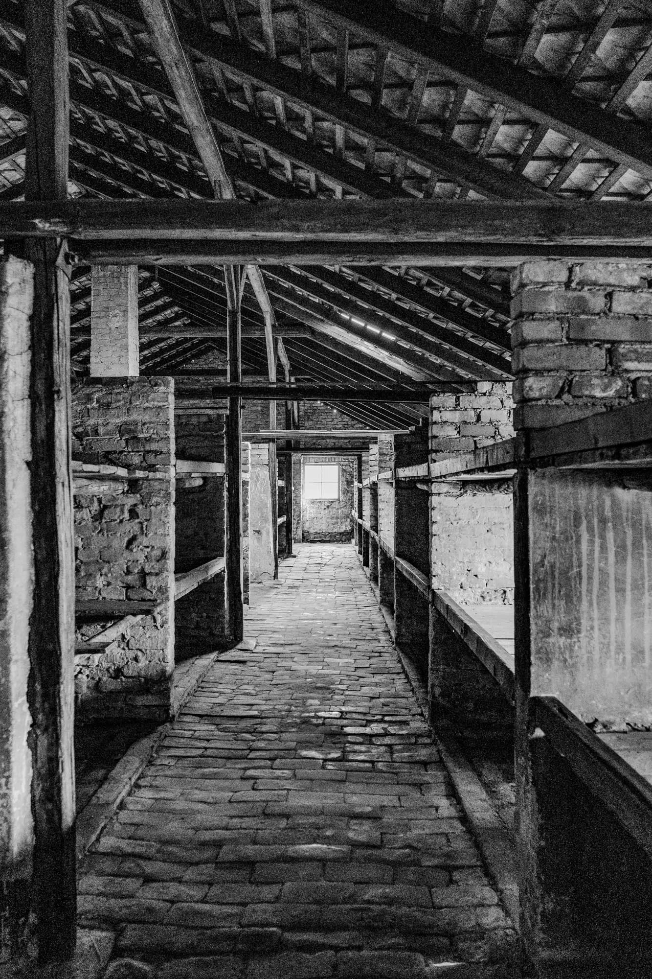 The image is a black and white photo of a long, narrow hallway with brick walls and a cobblestone floor. The hallway is lined with narrow bunks on either side, each consisting of a simple wooden frame and a single, wooden shelf. The roof above is made of wood beams and has a large skylight at the far end. The light from the skylight casts a long, thin beam of light down the center of the hallway, illuminating the cobblestones.  The walls are made of brick, and the light shining down the hallway casts shadows that highlight the texture of the brick.  There is a small, rectangular window in the wall on the left side of the hallway, providing a glimpse of the outdoors. The photo is likely taken in a prison or concentration camp, the stark simplicity of the structure highlighting the harshness of life in such a place.