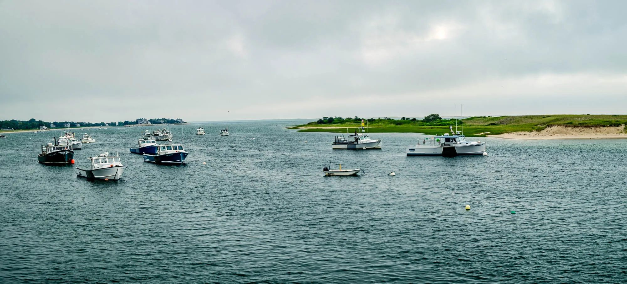 The image shows a calm harbor scene under an overcast sky. Numerous fishing boats, ranging in size and color, are scattered across the rippling, dark blue-green water. In the distance, a coastline with sandy beaches and grassy dunes is visible. On the left side of the frame, there is a line of houses. In the foreground, the water stretches towards the viewer, reflecting the muted light of the sky, with a few scattered buoys visible.