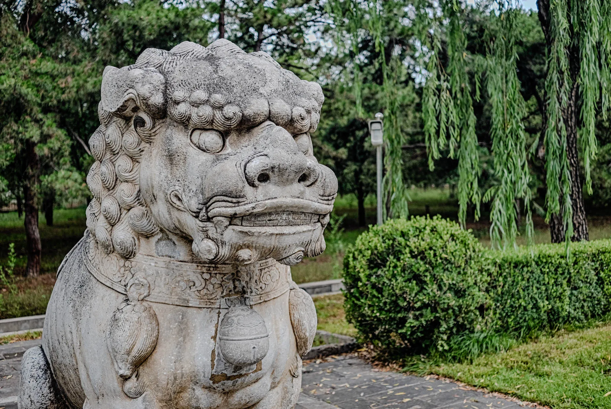 The image is a close-up of a large stone sculpture of a lion. The lion is facing to the left and its head is turned slightly toward the viewer. It has a large, detailed head with a wide open mouth. The face has a sculpted mustache and beard. The eyes of the lion are large, round and made from white stones. The rest of the lion is a dark grey color. The lion is standing on a stone base. In the background, there are trees and bushes. On the right side of the image there is a weeping willow with lush green foliage hanging down. There is a small metal lamppost behind the lion and some green grass and bushes in the foreground. The image is a close-up, so only the lion's head, shoulders, and chest are visible. The sculpture appears very old and weathered.