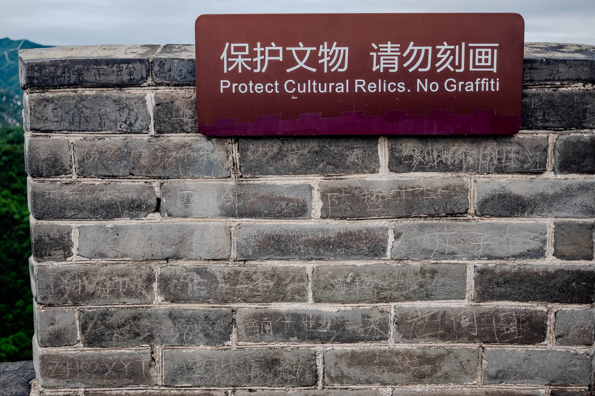 The image shows a brick wall, likely part of the Great Wall of China. The wall is made of gray bricks, and the mortar between the bricks is slightly lighter in color. The bricks are all different sizes and shapes, giving the wall a rough and uneven texture. The wall is covered in graffiti, which appears to be mostly carved into the surface of the bricks. There is a sign mounted on the wall, and it is a brown rectangular sign with white lettering. The sign has two sets of words on it, one in Chinese and one in English. Both sets of words state "Protect Cultural Relics. No Graffiti." The sign is mounted on the wall, and it is slightly tilted to the right. The background of the image is blurry, but it appears to be a green field with a mountain in the distance. The overall tone of the image is one of historical significance and cultural preservation.