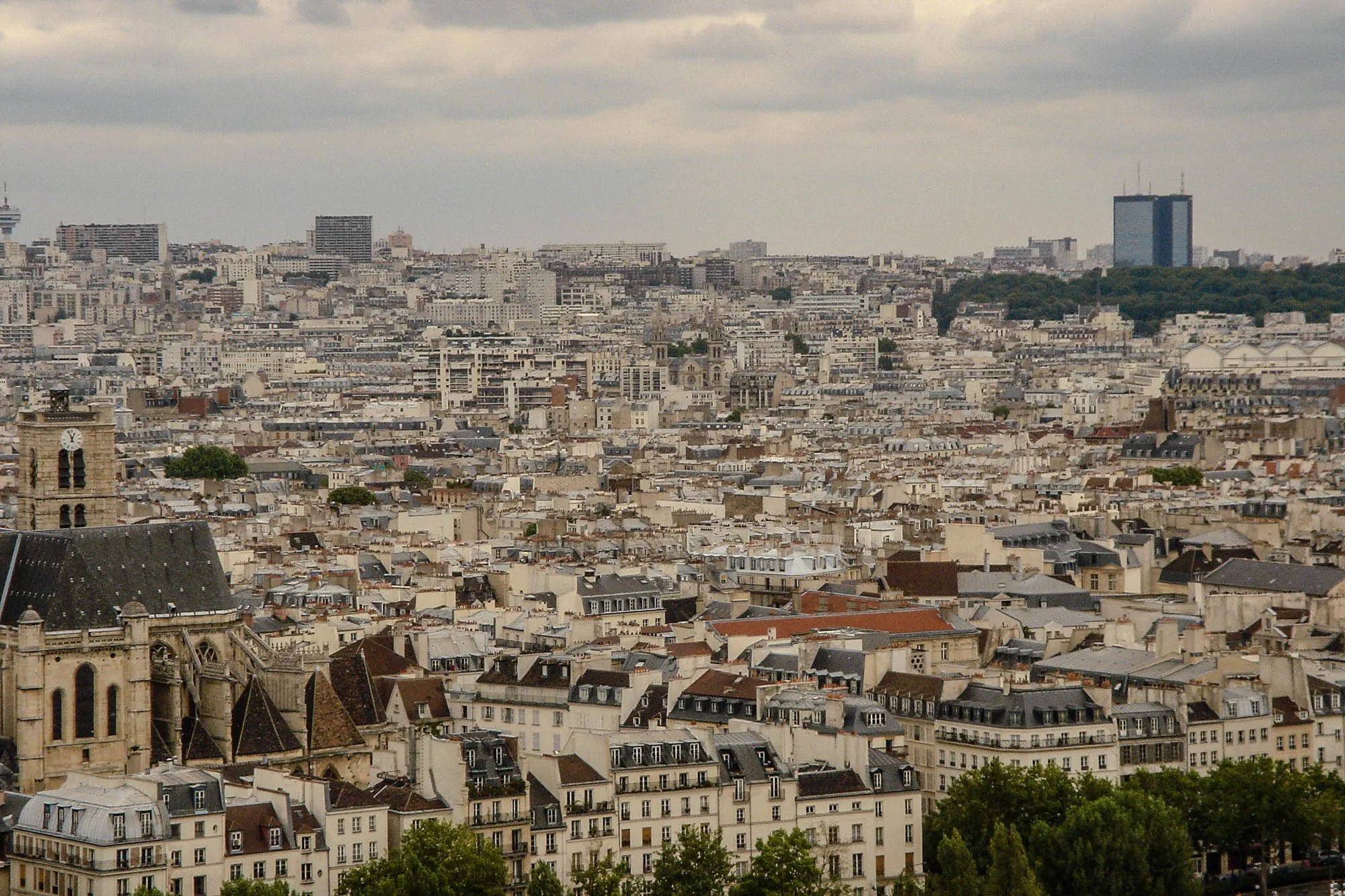 Densly packed buildings of Paris, moving up a hill, with a handful of chuches visible, and a park with some trees in the upper right corner