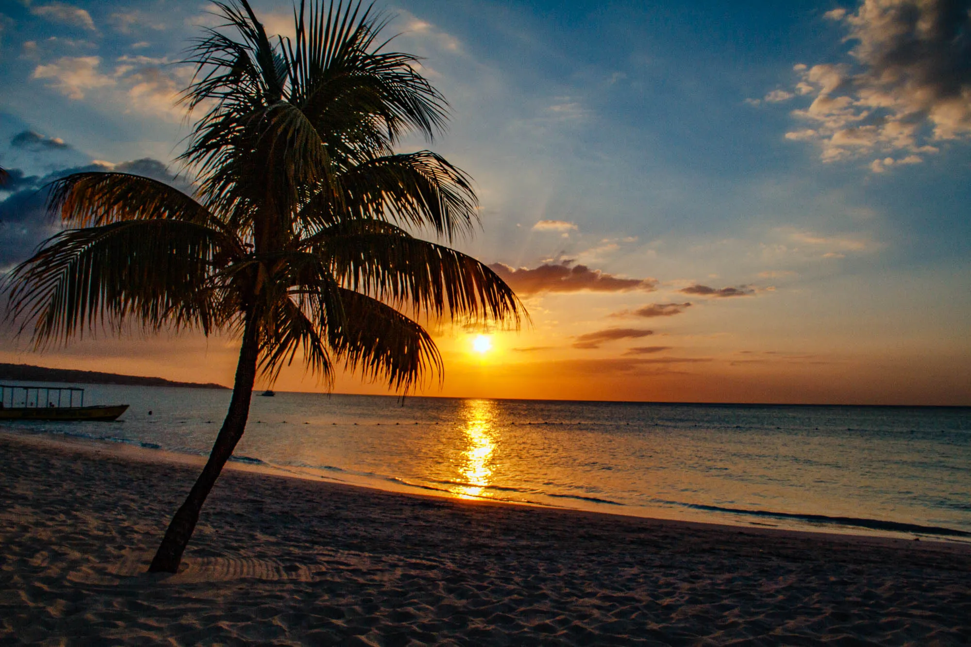 The image shows a sunset over a beach with a palm tree in the foreground. The palm tree is silhouetted against the sky, which is a mix of blue and orange hues. The sun is setting in the distance, and its light is reflecting off the water. The beach is sandy and empty, and there is a small boat in the distance. The sky is clear except for a few fluffy clouds. The overall scene is peaceful and tranquil.