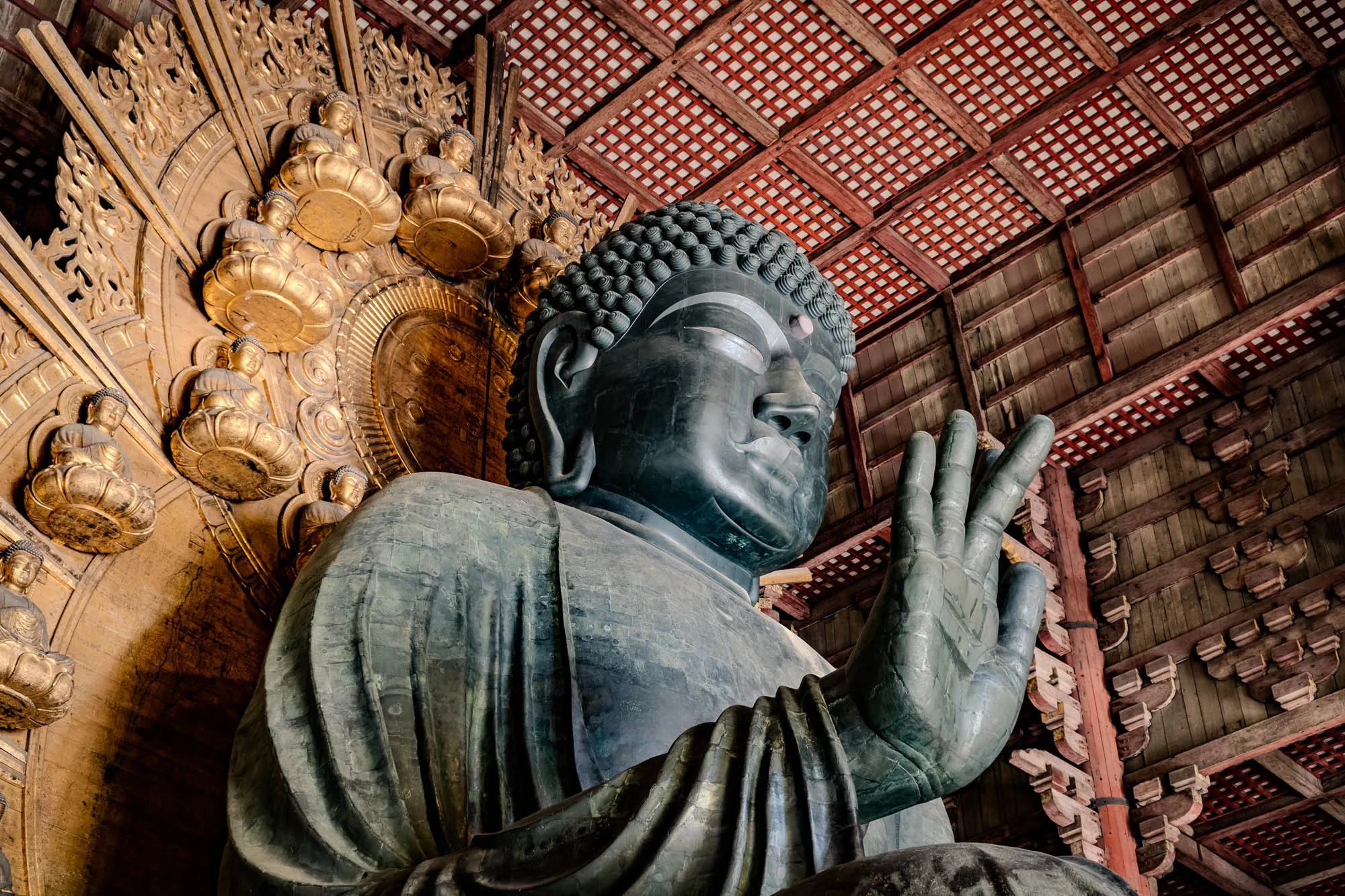 A monumental bronze Buddha statue, adorned with a dark, aged patina, dominates the frame, viewed from a low angle. Its serene face features downcast eyes and tightly coiled hair, while the right hand is raised in a gesture of reassurance, revealing detailed fingers and a worn surface texture. Behind the central figure, an elaborate golden aureola is intricately carved with numerous smaller, seated figures and swirling flame patterns. The grand architectural space is completed by a magnificent wooden ceiling, showcasing a complex grid of red-painted beams and recessed panels, extending above the deity.
