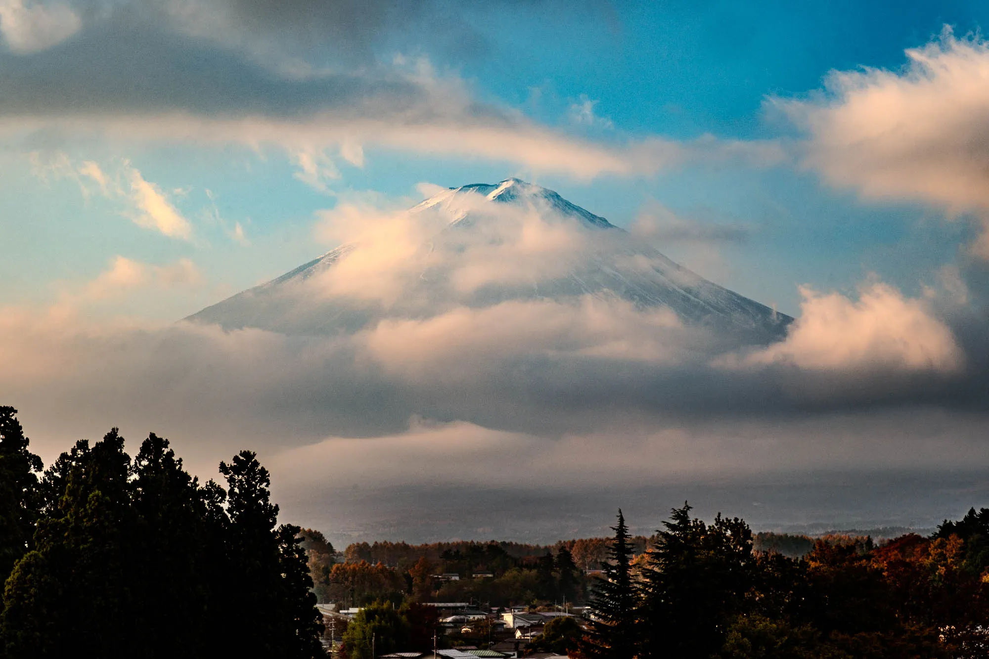 Mount Fuji, its snow-capped conical summit, rises majestically, partially enshrouded by expansive, golden-tinged clouds. A vibrant blue sky peeks through the cloud cover above the peak, illuminated by the warm light of early morning. Below the rolling clouds, a dense forest canopy of dark evergreens and autumnal trees forms a rich, textured foreground, with glimpses of a distant valley dotted with small structures.