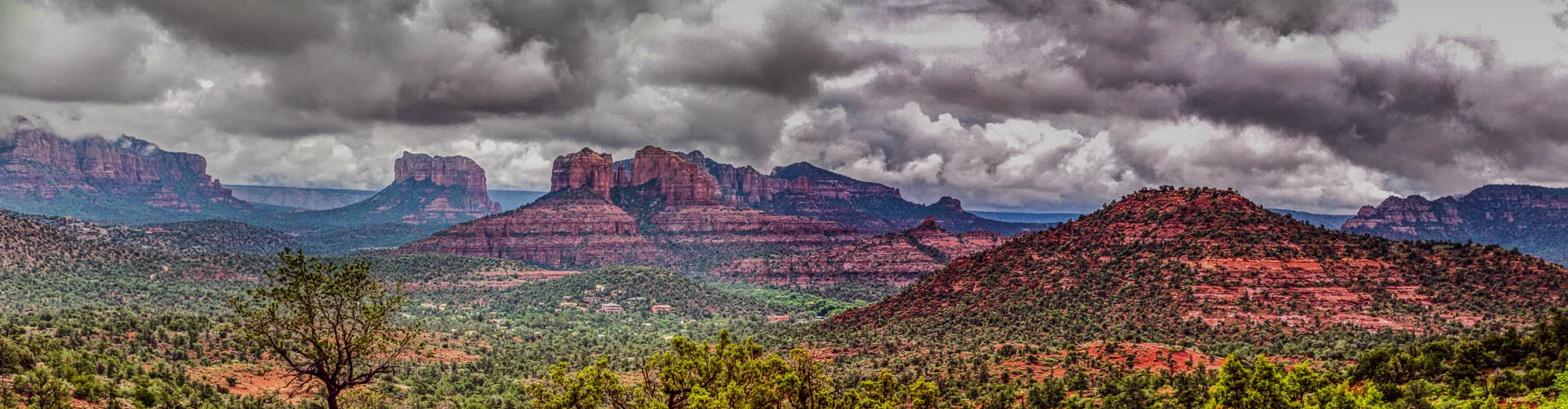 This is a panoramic view of a mountain range with dark, stormy clouds overhead. The mountains are a rich red color and appear layered, with thick vegetation growing on the slopes. There is a large, isolated tree in the lower right corner of the image, and the horizon is a distant, hazy blue.  It’s a dramatic scene of rugged beauty, with the dark clouds adding a sense of foreboding.