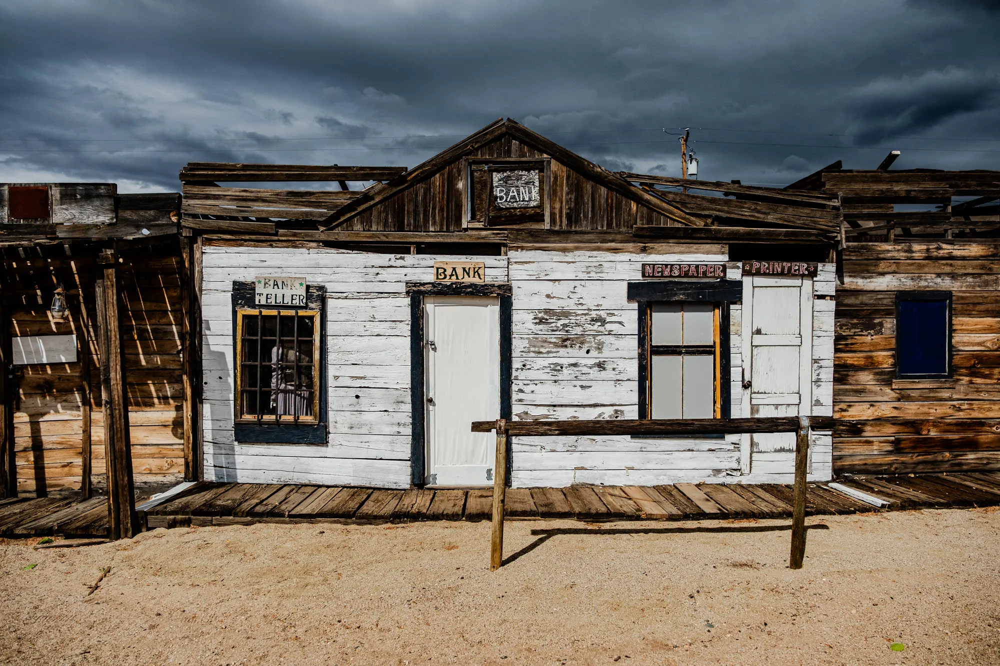 The image shows the front of an old, dilapidated wooden building. It looks like it's been abandoned for many years. The paint is peeling off and the wood is weathered and gray.  The roof is partially collapsed, with boards missing and the rafters exposed. The building appears to be a bank, as there is a sign that reads "Bank" above a closed, white door with black trim. There is also a sign that reads "Bank Teller" above a window with black bars on it. To the right of the front door, there is another window with black trim and white panes. Above this window is a sign that reads "Newspaper," and to the right of it, a sign that says "Printer."  The building is situated on a patch of sand with a wooden railing in front of it. The sky behind the building is a cloudy, dark gray.