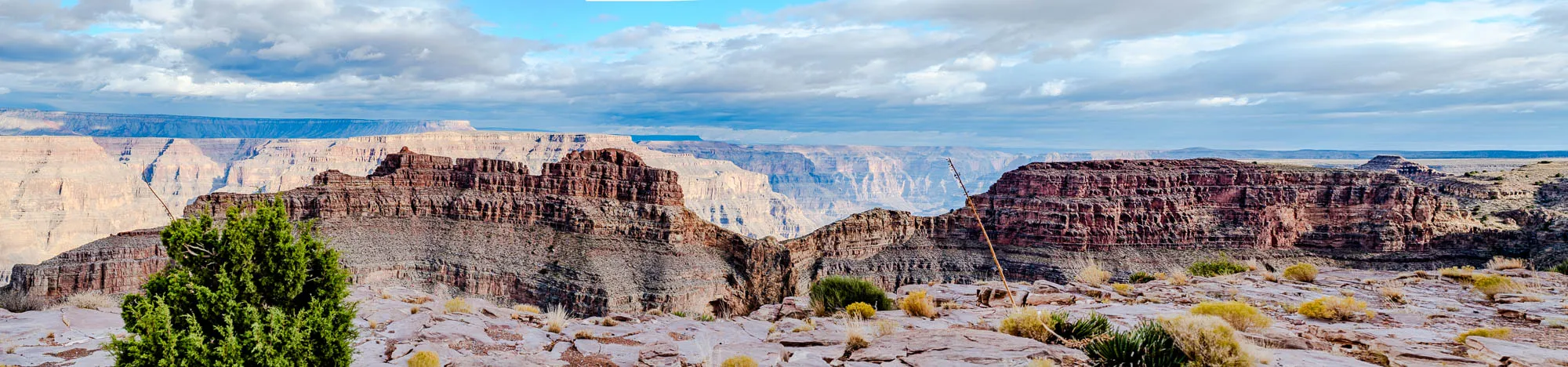 The image shows a view of the Grand Canyon. There are large rocky cliffs with light brown and reddish hues, and the far distance is a line of the horizon, where it looks like more cliffs are visible. The image has a blue sky in the background, which is mostly obscured by a layer of white clouds. There are some small trees and bushes growing on the edge of the canyon. The texture of the rocks is rough and layered, with a lot of detail and interesting patterns. The sun is shining on the cliffs, and the light is casting some shadows.