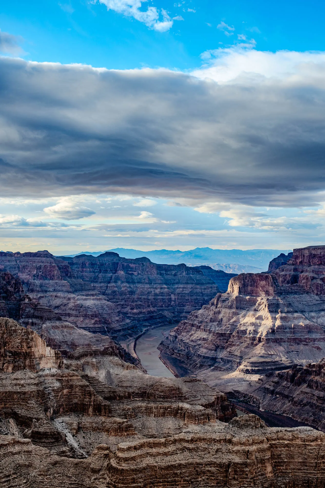 A panoramic view of a canyon with a light blue sky above and soft, white clouds. There are a few large rock formations that rise up out of the canyon, and a small, green bush is in the foreground. In the distance, the canyon walls are a light brown color and there are a few small, green trees scattered about the landscape. The canyon floor appears to be covered in red dirt.  The texture of the rock formations are very layered, appearing almost like a wall of stone. There is a thin, brown rope hanging from the top of one of the rock formations. There is a large, green bush in the lower left corner of the image, with a smaller, golden colored bush to the right.