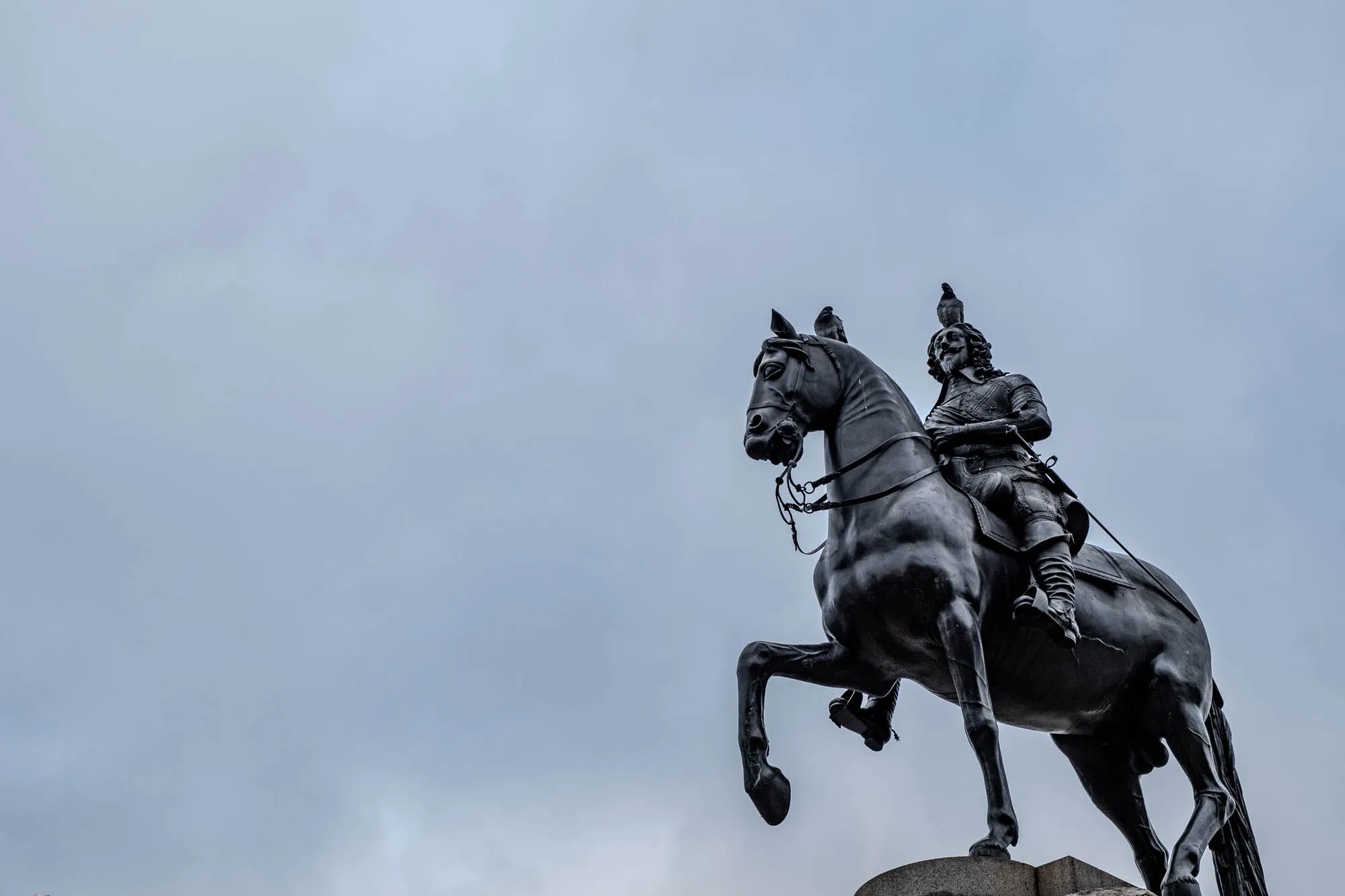 The image shows a bronze statue of a man on horseback, with the man’s right arm resting on the horse's neck.  The horse is trotting, with its front right leg off the ground. The statue is set against a plain pale blue sky. There is a bird perched on the man's head. The statue appears to be very old and weathered.  The image is taken from below, looking up at the statue. The top of the base of the statue is visible at the bottom of the image.