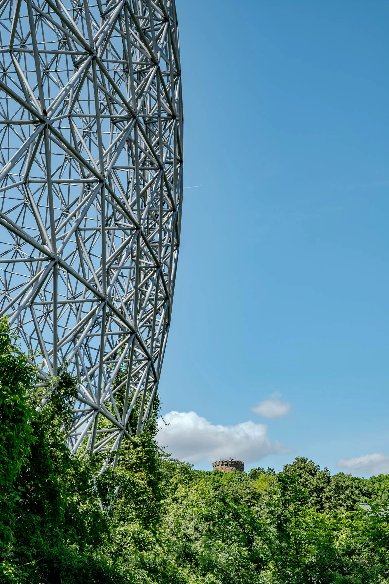 The image shows a large, metal, geodesic dome structure. The structure is made up of many triangular panels, creating a web of interwoven metal struts. The dome is partially obscured by a dense stand of trees, which appear to be growing up against the structure. The dome and the tree line are against a clear, blue sky with a few fluffy, white clouds. In the distance, through the trees, there is a tower structure with a round, flat top. The tower appears to be made of stone. The tower is partially obscured by the foliage of the trees.