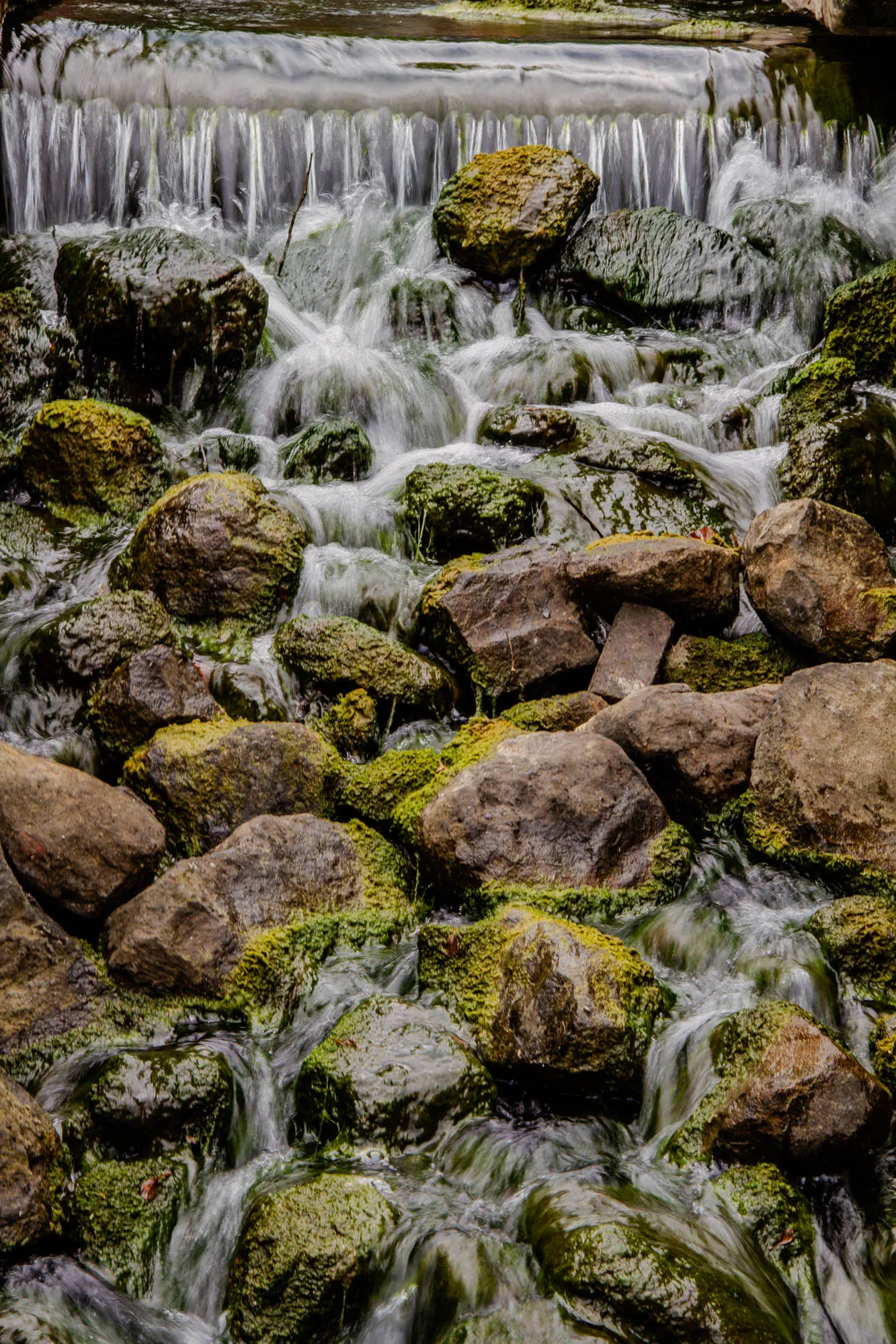 The image shows a stream of water flowing over rocks. The rocks are covered in green moss. The water is flowing over a small waterfall at the top of the image. The water is blurred, creating a sense of motion. The image is taken from a low angle, looking up at the waterfall. There are many large boulders in the stream, and the water is moving quickly. There is a lot of green moss growing on the rocks, and the water is a light gray color. The water is flowing quickly over the rocks and is creating a lot of white foam. The water is flowing in a cascading pattern, with the water falling down over the rocks in a smooth, continuous motion. The rocks are also covered in a thin layer of water, which gives them a wet and slippery appearance. The image is a beautiful example of nature at its finest.