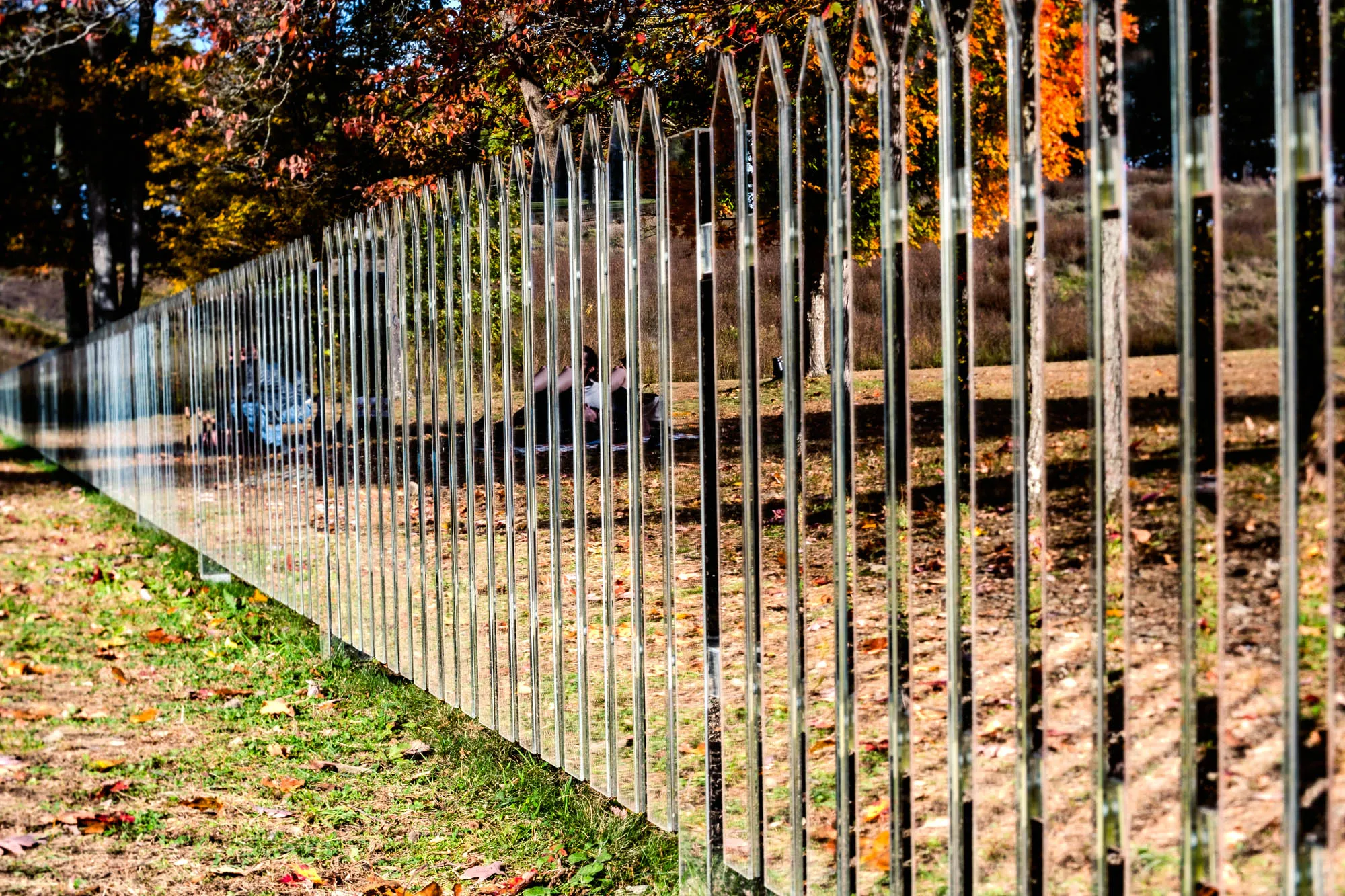 The image shows a long, unusual fence stretching into the distance, its vertical bars made of shiny, reflective material that creates fragmented reflections of the surrounding environment. The ground in the foreground is covered with grass and scattered fallen leaves, indicating it's likely autumn. The fence reflects segments of the trees behind it, some of which have green leaves while others display warm autumn colors like orange and yellow. Behind the fence, there appears to be a person sitting on the ground, but the reflection is distorted and broken up by the bars of the fence, making it difficult to discern details. The lighting suggests a bright, sunny day.