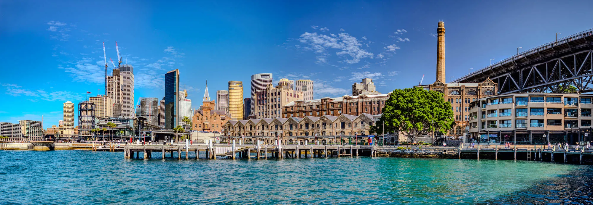 This is a panoramic view of the Sydney waterfront. There is a large body of water in the foreground, with a pier in the middle leading up to a bustling waterfront district. The buildings are all modern and in various styles, some are brick and others are glass and steel. There are also cranes and other construction equipment visible in the background.  A large tree sits in the foreground, with the base of a large bridge extending from the right side of the image.  The sky is bright blue with a few white clouds.  The view looks as though it was taken from the water.