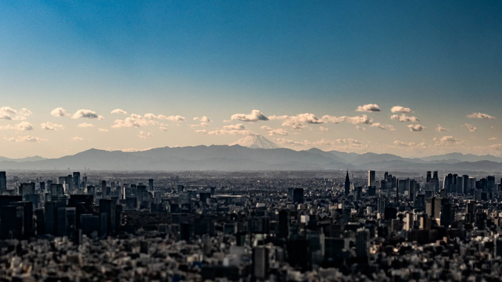 The image shows a panoramic view of a city skyline, with Mount Fuji in the background. The sky is a clear blue with a few fluffy white clouds. The city is covered in a haze, and the buildings are mostly obscured by the distance. Mount Fuji is a snow-capped mountain that rises up from the horizon. The mountains around Mount Fuji are mostly covered in trees, and the forest looks dark and dense. There are a few taller buildings that stand out against the city's skyline, but for the most part, the buildings are all about the same height. The image was taken from a high vantage point, possibly from another building or a hill overlooking the city. The city is filled with buildings, and the image gives a sense of the density of the urban area. The image is mostly out of focus, but this adds to the dreamy and ethereal feel of the scene. 
