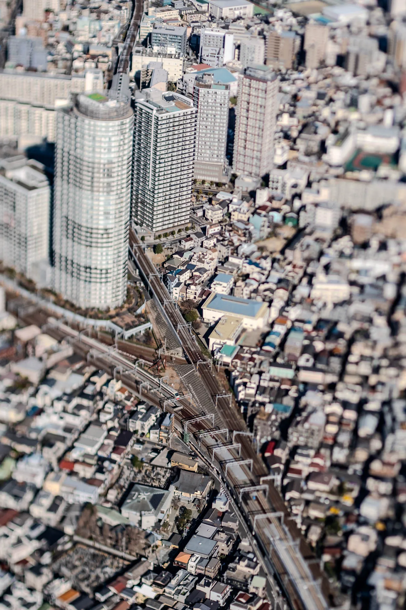 An aerial view of a dense urban area in Japan, possibly Tokyo. There are tall buildings in the center, with a smaller building in the foreground. There are train tracks that appear to be elevated, splitting into two directions near the center of the image. The rest of the image shows a tightly packed collection of smaller buildings. There are numerous trees and green spaces throughout, providing a small amount of contrast against the grey concrete. The photo is taken from a high angle, and the buildings appear to be miniature in the distance. The buildings seem to be predominantly residential, with a few commercial structures in the background.  