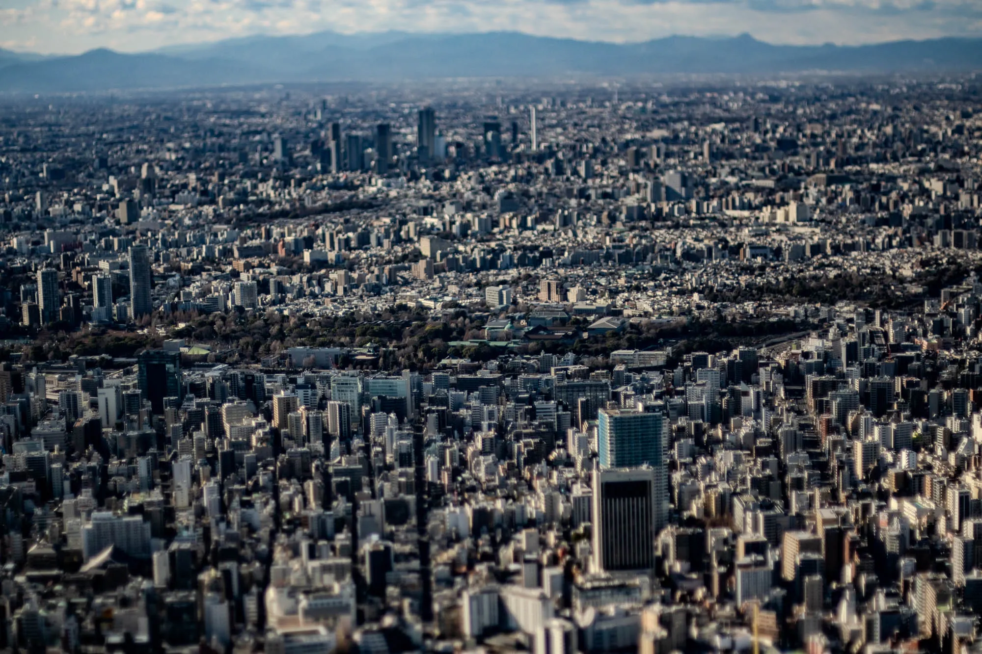 An aerial view of a city. The image is slightly blurry, but we can see thousands of buildings spread out across a vast area. There are tall skyscrapers mixed in with shorter buildings, all arranged in a grid-like pattern. In the distance, there is a hazy blue mountain range. The image is taken from a high vantage point, perhaps a helicopter or a skyscraper. It gives a sense of the sheer scale of the city and its infrastructure.