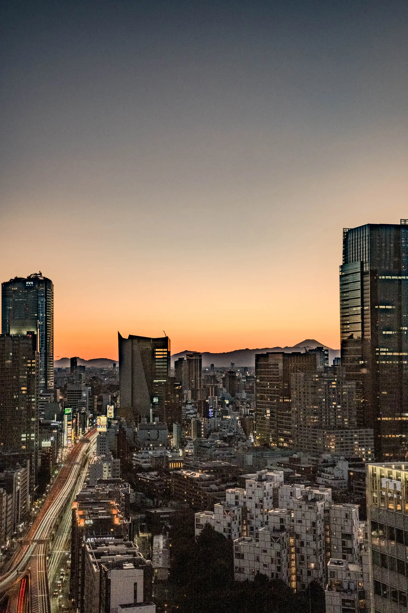 This is a nighttime aerial view of a city. The sky is a dark blue, fading into a light orange on the horizon. The city is lit up with lights from buildings and cars. There is a major highway running through the center of the image, with streaks of light from moving cars. In the distance, there are several tall skyscrapers, including one that is very tall and narrow. There are also several buildings with many windows, and some of them are lit up. The city is dense, and there are many trees and bushes in the foreground. There is a mountain range in the background that is barely visible.  The image is taken at a high angle, looking down on the city.  The city is likely to be in Japan.